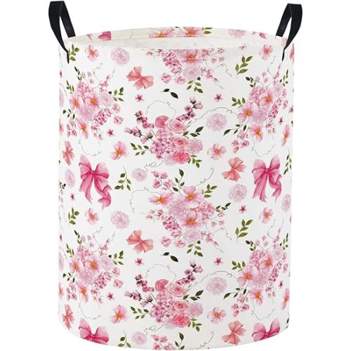 Baby Laundry Basket Baby Nursery Hamper Kids Laundry Basket Toy Storage Bin for Boys Room Decor Gift Baskets for Bedroom Bathroom(Bowknot Flower)