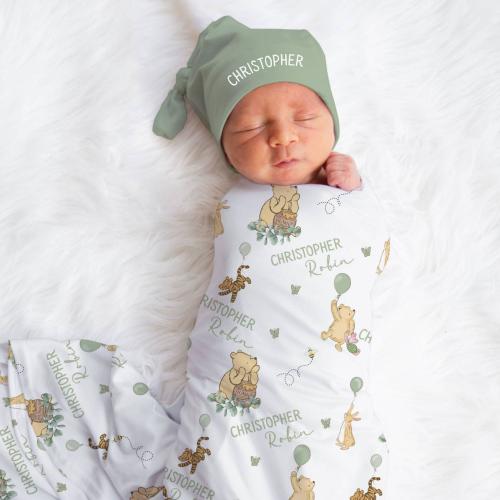 Classic Winnie the Pooh PERSONALIZED Swaddle Set - Bear Baby Shower Gift, Coming Home Outfit Custom Baby Blanket