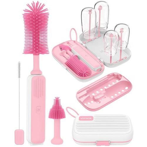 Electric Baby Bottle Brush Cleaner, Baby Travel Bottle Cleaner Kit- 2000mAh Rechargeable Silicone Brush, Drying Rack, Compact Storage Box, 360° Efficient Cleaning Bottle Brush for Home & On-The-Go