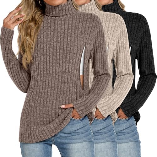 3 Pack Women Turtleneck Nursing Tops, Breastfeeding Maternity Shirts Long Sleeve Ribbed Sweaters with Hidden Zips