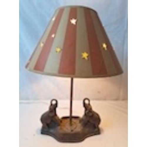 Circus Theme Cast Metal Bronze Lamp 2 Elephants Facing Off, Original Shade 18"