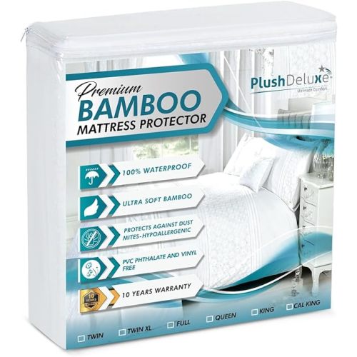 PlushDeluxe Crib Mattress Protector, 28”x49”, 100% Waterproof, Noiseless, Ultra Soft Viscose Made from Bamboo with Quilted Terry Cotton Top, White Fitted Sheet Style Toddler Crib Cover