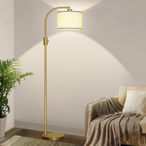 Upgraded Modern Arc Dimmable Tall Standing Floor Lamp with Linen Shade, 1200 Lumens LED Bulb Included, for Living & Reading Room, Bedroom, Office & Nursery, Gold