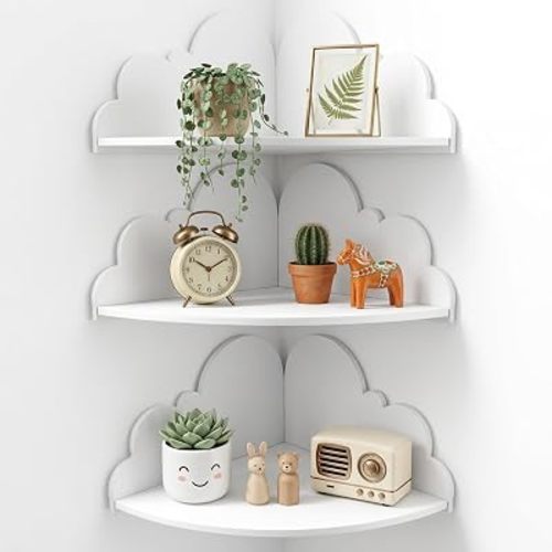 Cloud Corner Floating Shelf, Set of 3 Cute Cloud Corner Shelves Wall Mounted White Nursery Floating Shelves for Kids Room Bedroom, Living Room, Bathroom Decor Storage Plants
