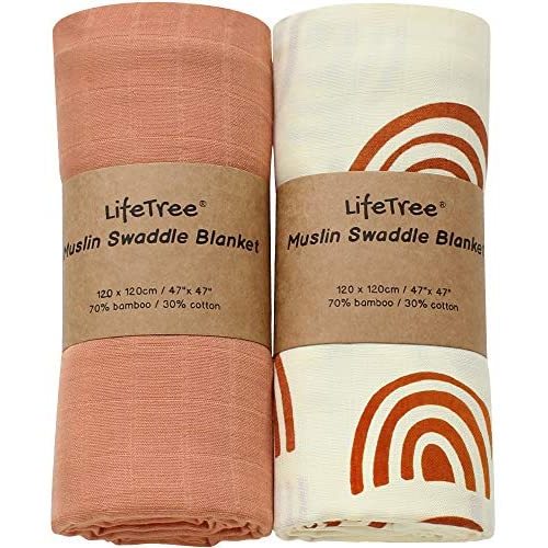 LifeTree Baby Swaddle Blankets, Baby Muslin Swaddling Neutral Receiving Blanket for Boys & Girls, 70% Bamboo & 30% Cotton, Large 47 x 47 inches Solid Color / Rainbow Print