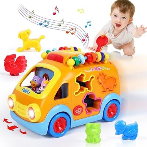 Toy Cars for 2 Year Old Boy Toys, Baby Boy Gifts, Musical Learning Crawling Toys for Toddlers 2-3, Educational Baby Bus with Animal Blocks, Christmas Birthday Gift for 2 3 4 Year Old Boys Girls Kids