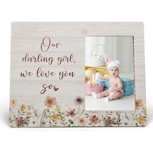 MAQIKA Floral Baby Girl Nursery Picture Frame, Baby Girl Gifts Picture Frames, Newborn Gifts, Our Darling We Love You So Flower Wood Photo Frame for 4x6 Photos