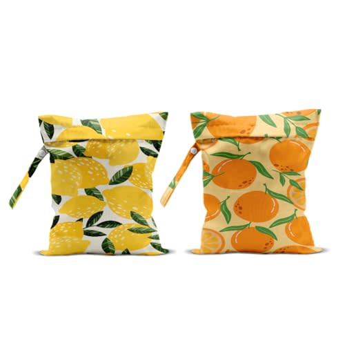 2Pcs Lemon Orange Print Wet Bags, Wet Dry Bag Reusable for Swimsuit, Travel, Diapers, Beach, Dirty Yoga Gym Clothes, Toiletries, Makeup Bag, Waterproof Birthday Christmas Gifts