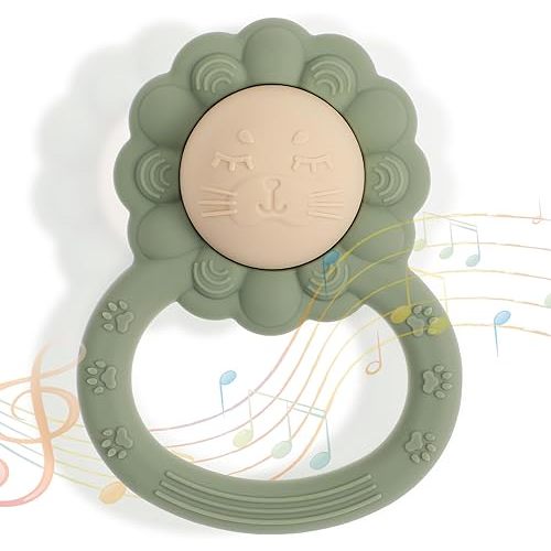 Rattle Teether, Lion Shape Montessori Baby Sensory Teething Toys, Food Grade Silicone BPA Free, Newborn Essentials Must Haves (Shifting Sand Sage)