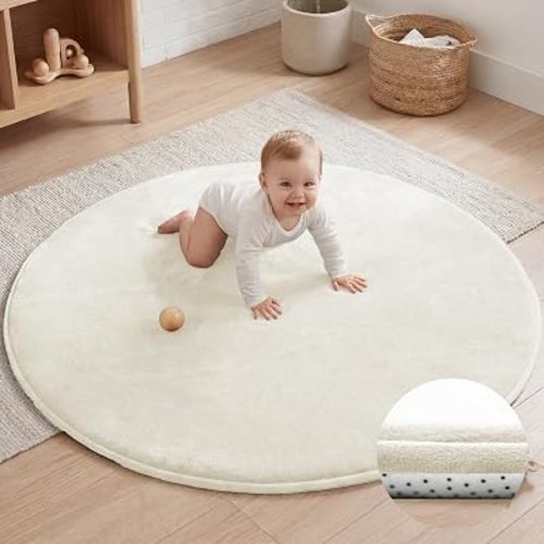 Ultra Soft Baby Play Mat for Floor,1.3" Thick Elasti-Foam 47in Round Mat for Toddlers Infant Kids,Non-Slip Backing Safe for Crawling&Tummy Time,Tatami Style(Cream)
