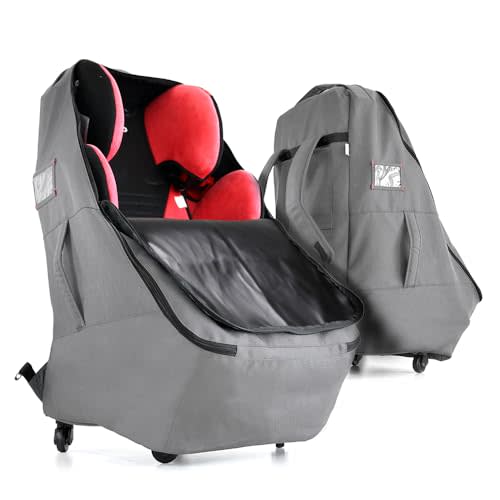 Jenen Jnzen Car Seat Travel Bag with Wheels Heavy Duty Water-resistant Protective Cover for Airplane Travel & Rolling Design, Padded Handle,Padded Adjustable Strap (Grey)