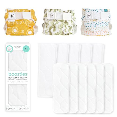 Honest Hybrid Cloth Diaper Cover + Super Boosties Reusable Inserts, Small (8-15 lbs), Cotton Muslin Honest Covers Feature Pocket-Sling, 3 Pack, Boosties Inserts 10 Count