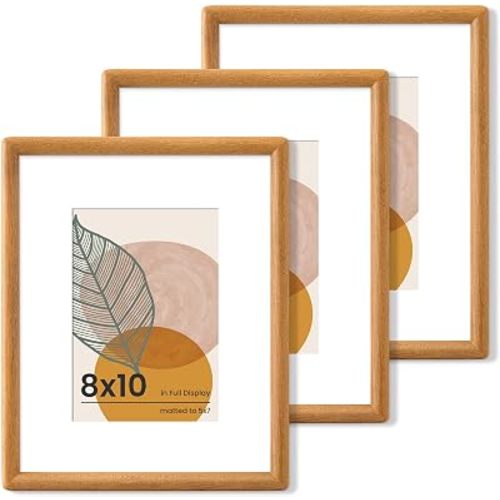 Axeman 8x10 Picture Frame Set of 3 - Solid Teak Wood 8x10 Frame With Mat for 5x7 - Rounded Corner 8 x 10 Photo Frame with Tempered Glass for Tabletop Display