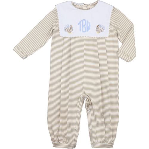 Personalized Khaki Stripe Turkey Long Romper | Cecil & Lou