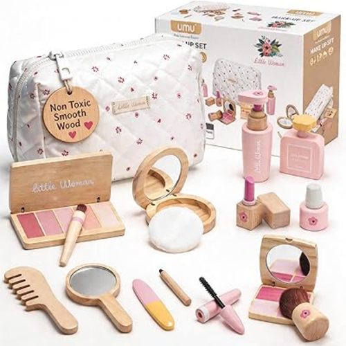 Wooden Makeup Toy Set for Girls - Pretend Play Makeup Kit for Toddlers 3-5 with Eyeshadow/ Mascara/ Perfume/ Blush/ Mirror/ Bag, Birthday Gifts for Girls Toys Kids Aged 3 4 5 6 7 8