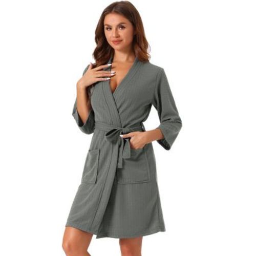 cheibear Women's Mid-Length Two Pockets Soft Spa & Bath Waffle Robes With Belt Small Grey