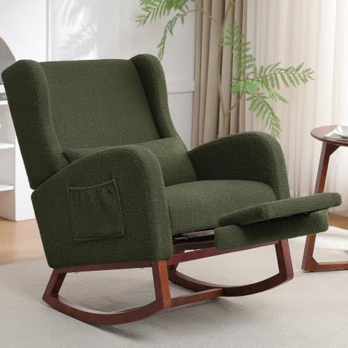 HCHAIRH Rocking Chair Nursery with Foot Rest, Wingback Nursery Rocking Chairs Sherpa Nursing Chairs Glider Rocker with Pillow for Living Room, Bedroom, Green