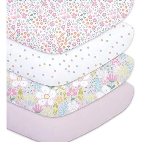 Little Grape Land Crib Sheets Baby Toddler Sheets 4 Pack Fitted for Boys Girls, Standard Size 28x52‘’ Crib Mattress, Super Soft Breathable Washable Microfiber (Floral/Blossom/Dots/Blush Pink)