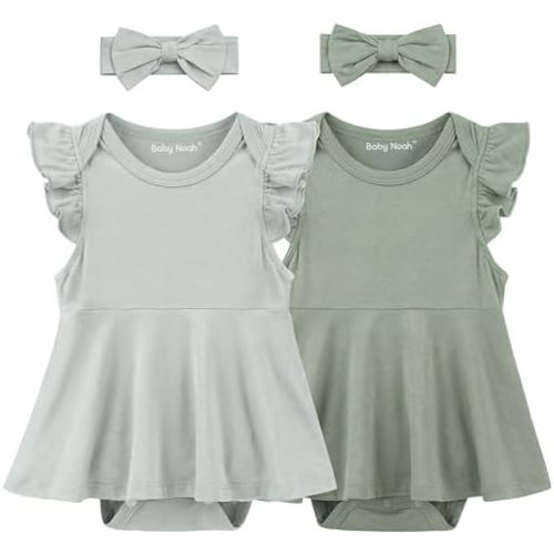 2 Pack Baby Girl Bodysuit Flutter Sleeves Dress, Cute Ruffle Romper Outfit with Headband, Newborn Infant Pajamas 0-12 Months