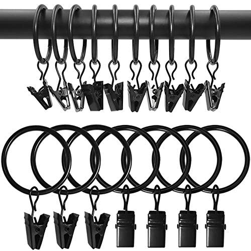 90 Pack Curtain Rings with Clips, Drapery Clips with Rings, Drapes Rings 1.26 in Interior Diameter, Fits up to 1 in Curtain Rod, Black