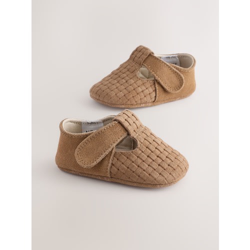 Tan Woven Suede Leather Baby T-Bar Shoes (0-24mths)