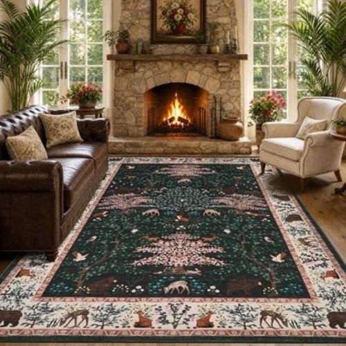 Animal Print Low Pile Area Rug, Polyester Washable Rug with Non-Slip TPR Backing, Foldable Stain Resistant Floor Mat for Bedroom Entryway Living Room