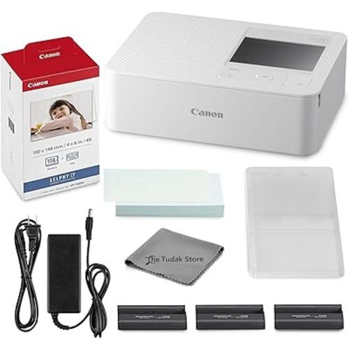 Canon Selphy CP1500 Photo Printer Bundle (White) with KP-108 Paper (108 Sheets) 3 Color Ink Cartridges & Tudak Cleaning Cloth – Wireless Compact Dye-Sub Printer Kit