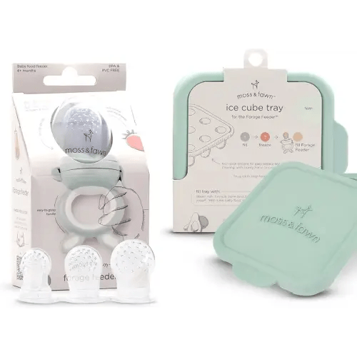 Moss and Fawn Baby's First Bites Bundle - Silicone Frozen Breast Milk Popsicle Kit with Forage Feeder & Teething Popsicle Ice Cube Tray - BPA, PVC, & Lead-Free - Fern