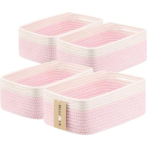Small Storage Baskets for Organizing | Closet Organizer Bins | Shelf Toy Basket | Woven Rope Baskets | Cube Decorative Box | Shallow Basket | 13x8.5x5.1” | 4 Packs White Pink
