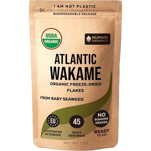 Organic Wakame Flakes - 1oz. Young Pure Seaweed Grown in North Atlantic. USDA Certified and Freeze-Dried Premium Quality. Soft Texture & Mild Taste. 45 Servings