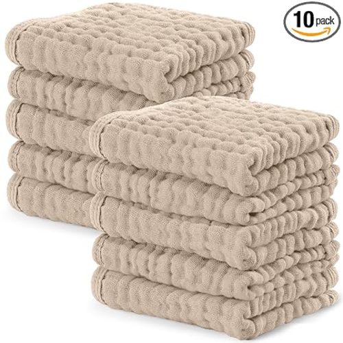 Comfy Cubs Muslin Baby Washcloths 10 Pack - Soft 6-Layer Cotton Wash Cloths for Sensitive Skin - 10"x10" Large, Gentle, Absorbent Infant Essentials for Newborn and Toddlers - Sand