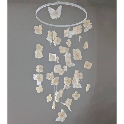 Butterfly Floral Baby Girl Mobile - Whimsical Butterfly Mobile - Cream Flower Crib Hanging - White Nursery Decor - Beige Baby Decorations