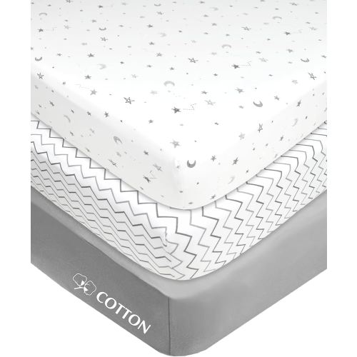 American Baby Company 3 Pack 100% Natural Cotton Fitted Mini Crib Sheets 38" x 24" - Soft & Breathable Small Nesting Portable Sheets, Fits Pack N Play Mattresses, Gray Star/Zigzag, for Boys & Girls