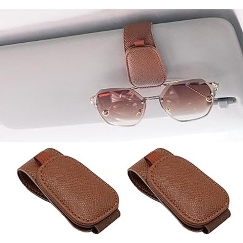 Yuoyar 2 Packs Magnetic Sunglass Holder for Car Visor - Universal Sunglasses Clip for Different Size Eyeglasses - Convenient Interior Car Accessories (Brown)