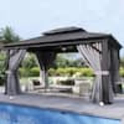 Sizzim 12 ft. W x 10 ft. D Black Aluminum Double Roof Hardtop Gazebo with Ceiling Hook, Curtains and Netting G30003