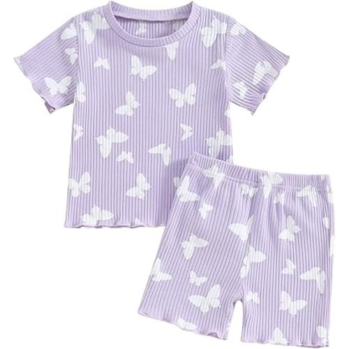 Kupretty Toddler Baby Girl Summer Clothes Ruffle Ribbed Knit Short Sleeves T-Shirt Tee Tops + Shorts Cute Outfits Set