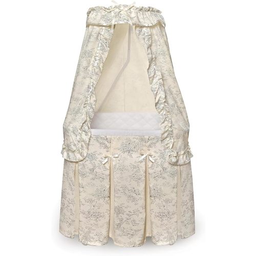 Badger Basket Majesty Canopy Bassinet - Rocking Baby Cradle With Mattress, Bedding Set, Storage Shelf, Caster Wheels, and Draped Canopy - Oval Nursery Sleeper - Ecru/Black