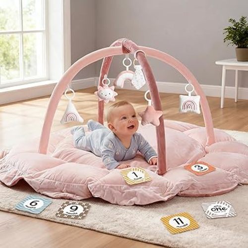 5-in-1 Thick & Plush Baby Play Gym, Baby Play Mats for Floor, Tummy Time Mat with 6 Toys, Convertible Stage-Based Developmental from Babies to Toddlers, Ball Pit, Pink