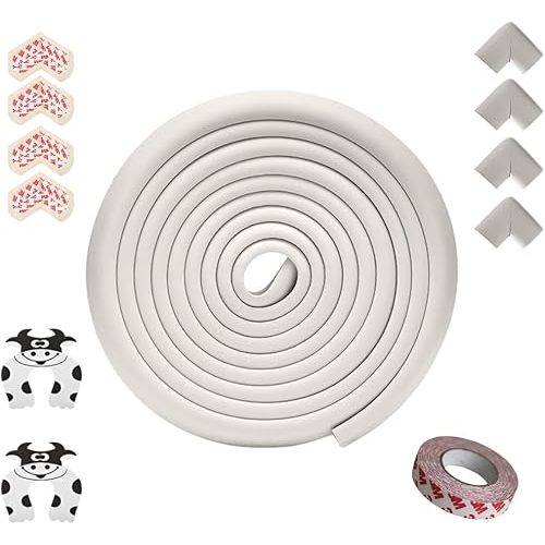 Baby Edge and Corner Protectors - 18 Feet Foam Edge Protector with 8 Foam Corner Guards, 3M Adhesive Tape and 2 Door Stoppers - Child Safety Furniture Cushion Bumpers (Pearl White)