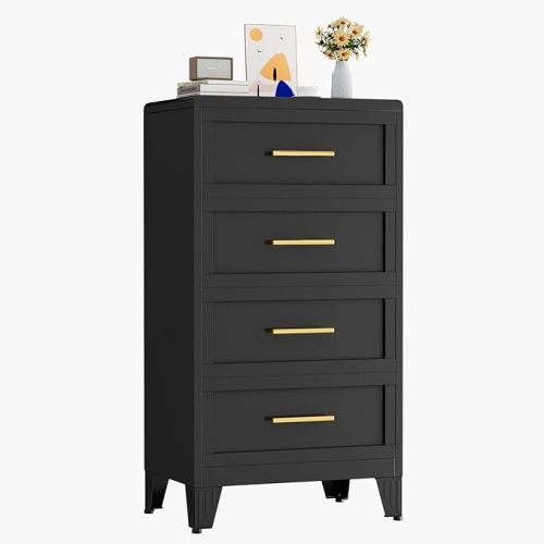 Metal Dresser for Bedroom Tall, Black Dressers & Chest of Drawers, 4 Drawer Dresser with Curved Corner, Storage Cabinet with Drawers for Living Room, Entryway, Home Office (Black, 24" W)