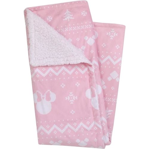 Disney Minnie Mouse Pink and White Winter Christmas Holiday Super Soft Sherpa Baby Blanket