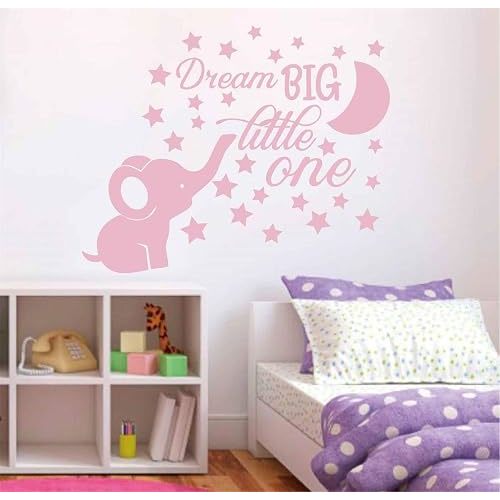 Dream Big Little One Lovely Elephant and Moon Stars Wall Decor Stickers for Kids Room Baby Girl Decals BA048 (Light Pink)