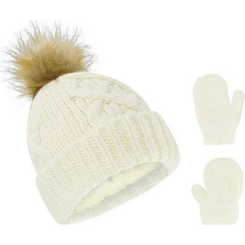 Rising Star Baby Girls and Boys Hat with mittens set, Winter Set for infants Ages 0-6 months (Ivory)