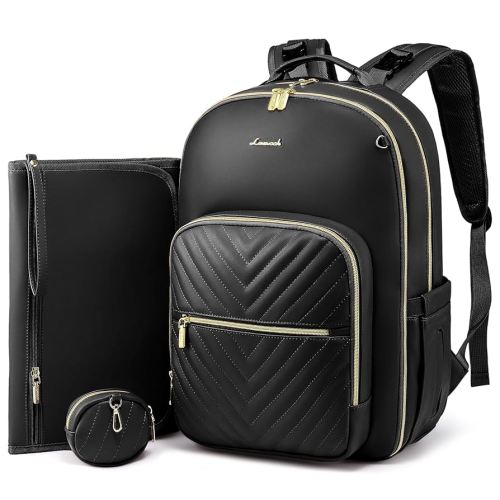 LOVEVOOK Diaper Bag Backpack, Quilted Baby Bag with Changing Pad & Pacifier Holder, Waterproof Travel Diaper Bags for Baby Boys Girls, Stylish and Large Capacity,Black Leather