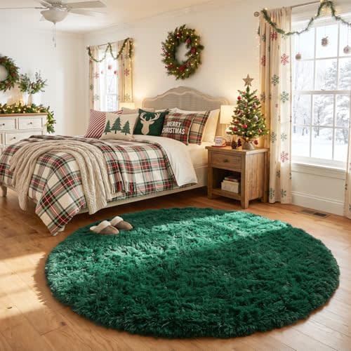 Amdrebio Dark Green Round Fuzzy Rug 4Ft for Kids Bedroom Living Room Dorm | Fluffy Shag Plush Christmas Carpet, Classroom Nursery Decor, Vintage Rustic Farmhouse Aesthetic, Emerald Green Color, Circle
