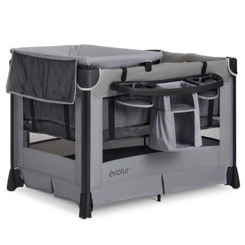 Evolur Cozy Cove All-in-One Portable Playard Gray with Bassinet & Changing Table – Quick-Fold Travel Playard with Breathable Mesh Sides, Travel Bag Included