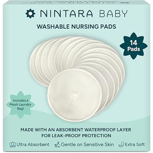 Nintara Baby Reusable Nursing Pads – 4-Layer Organic Bamboo Cotton, Ultra-Soft, Absorbent & Leak-Proof, Contoured Comfort Fit, Pack of 14 with Laundry Bag