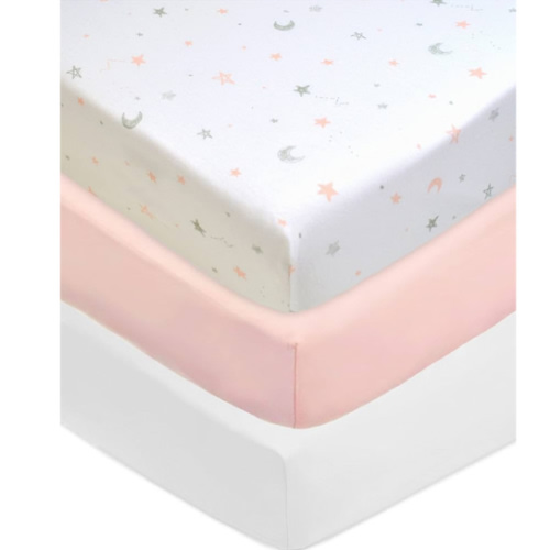 American Baby Company 3 Pack 100% Natural Cotton Fitted Crib Sheets 52" x 28" - Soft, Breathable, Hypoallergenic & Gentle Toddler Bed Sheets, Pink Stars/Blush/White, Neutral for Boys & Girls
