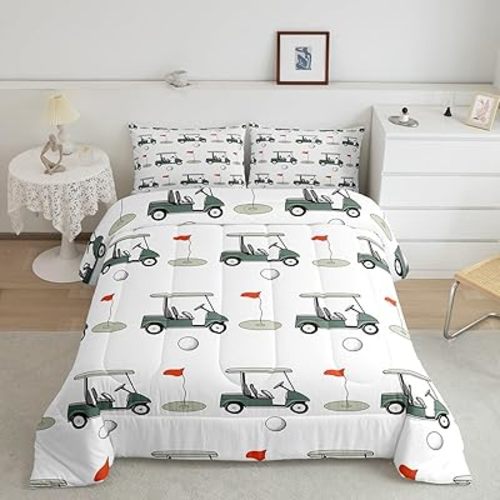Feelyou Golf Bedding Set Toddler Sports Comforter Sets for Ball Games Themed Comforter Sets Golf Club Bedding for Boys Kids Bedroom Decor,Youth Green Course Duvet Insert with 1 Pillowcases