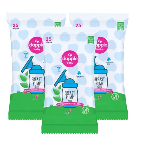 Dapple Baby Breast Pump Wipes - (3 Pack) 25 Count - Fragrance-Free, Plant-Powered & Hypoallergenic - Removes Milk Residue - Diaper Bag Essentials